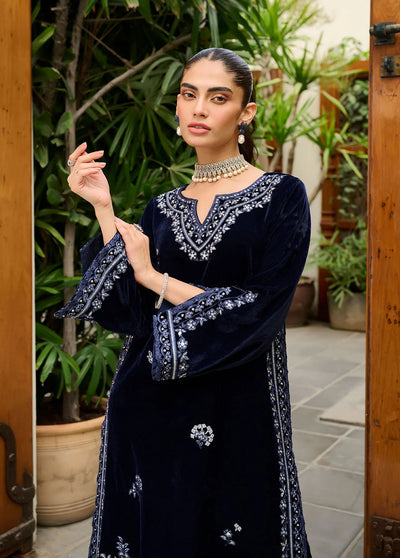 Dhanak Pret Embroidered Velvet Kurti DA-1863 NAVY BLUE