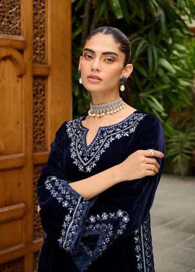 Dhanak Pret Embroidered Velvet Kurti DA-1863 NAVY BLUE