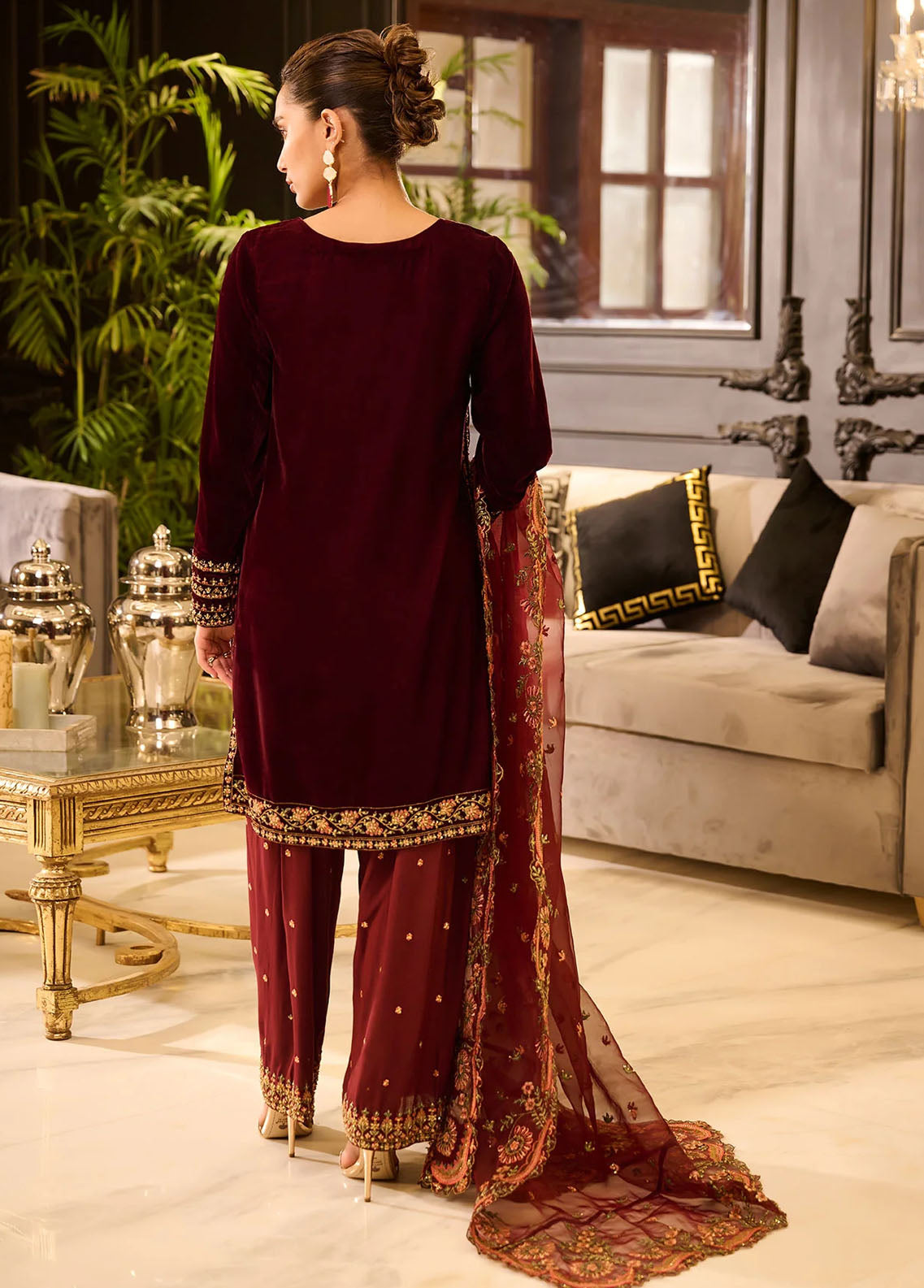 Dhanak Pret Embroidered Velvet 3 Piece Suit DL-0281 MAROON