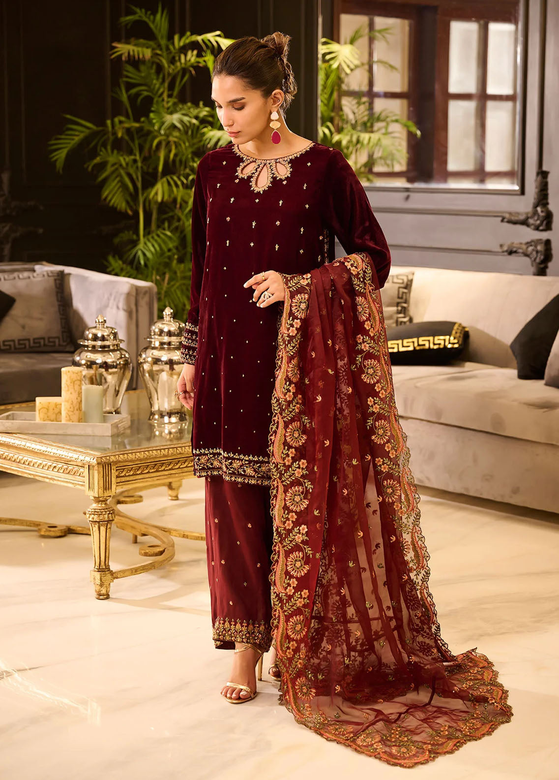 Dhanak Pret Embroidered Velvet 3 Piece Suit DL-0281 MAROON