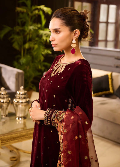 Dhanak Pret Embroidered Velvet 3 Piece Suit DL-0281 MAROON