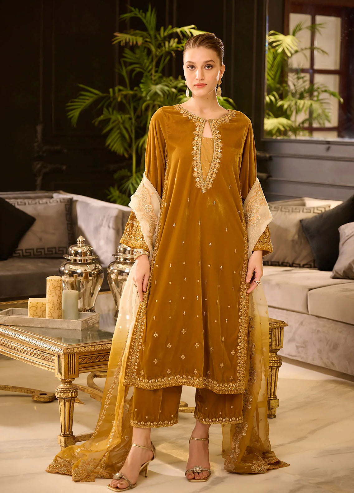 Dhanak Pret Embroidered Velvet 3 Piece Suit DL-0282 MUSTARD