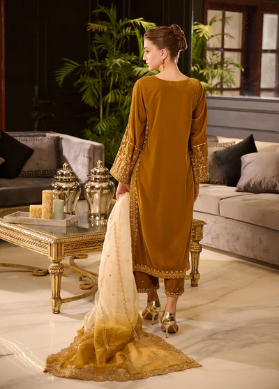 Dhanak Pret Embroidered Velvet 3 Piece Suit DL-0282 MUSTARD