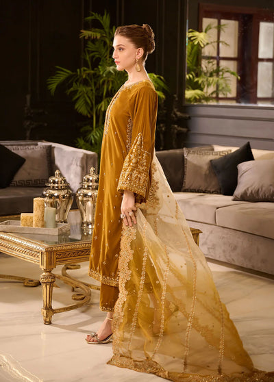 Dhanak Pret Embroidered Velvet 3 Piece Suit DL-0282 MUSTARD