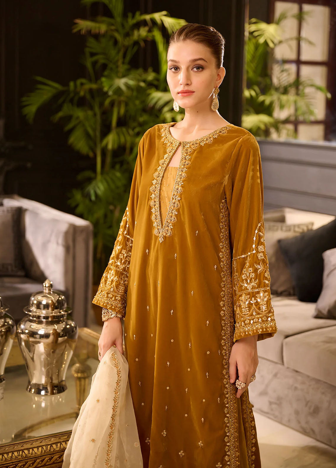 Dhanak Pret Embroidered Velvet 3 Piece Suit DL-0282 MUSTARD