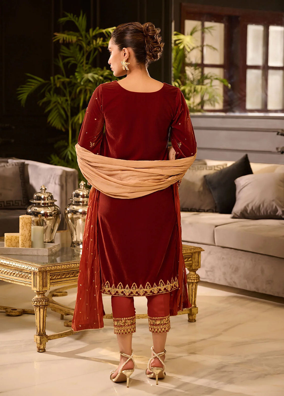 Dhanak Pret Embroidered Velvet 3 Piece Suit DL-0283 MAROON