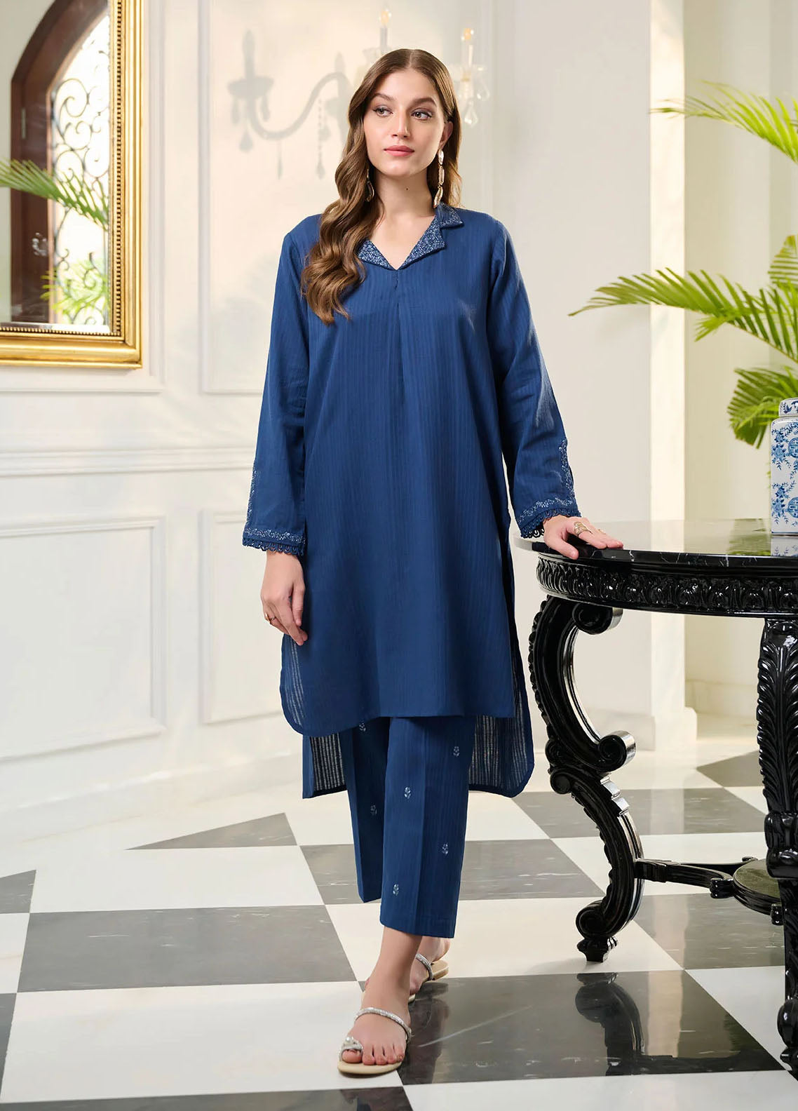 Dhanak Pret Embroidered Khaddar 2 Piece Suit DC-2248 NAVY BLUE