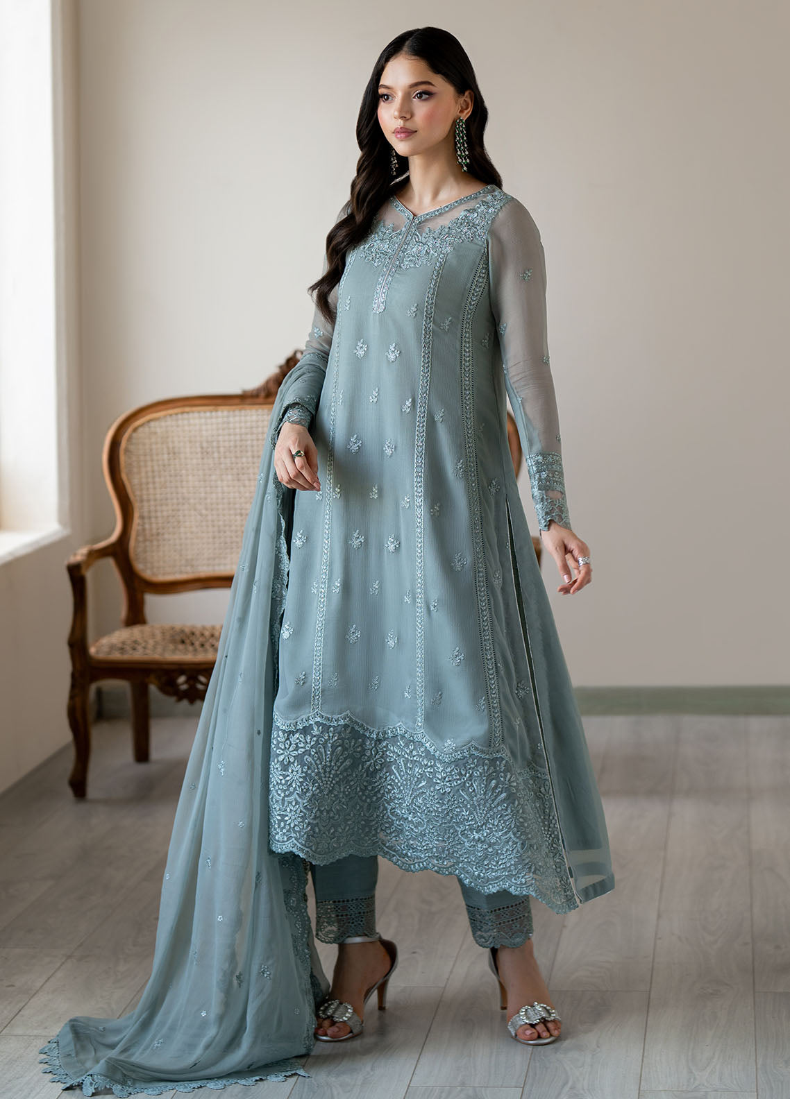 Ensembles by Azure Embroidered Chiffon Suits Unstitched 3 Piece AZU25EF Moss whisper ES-104