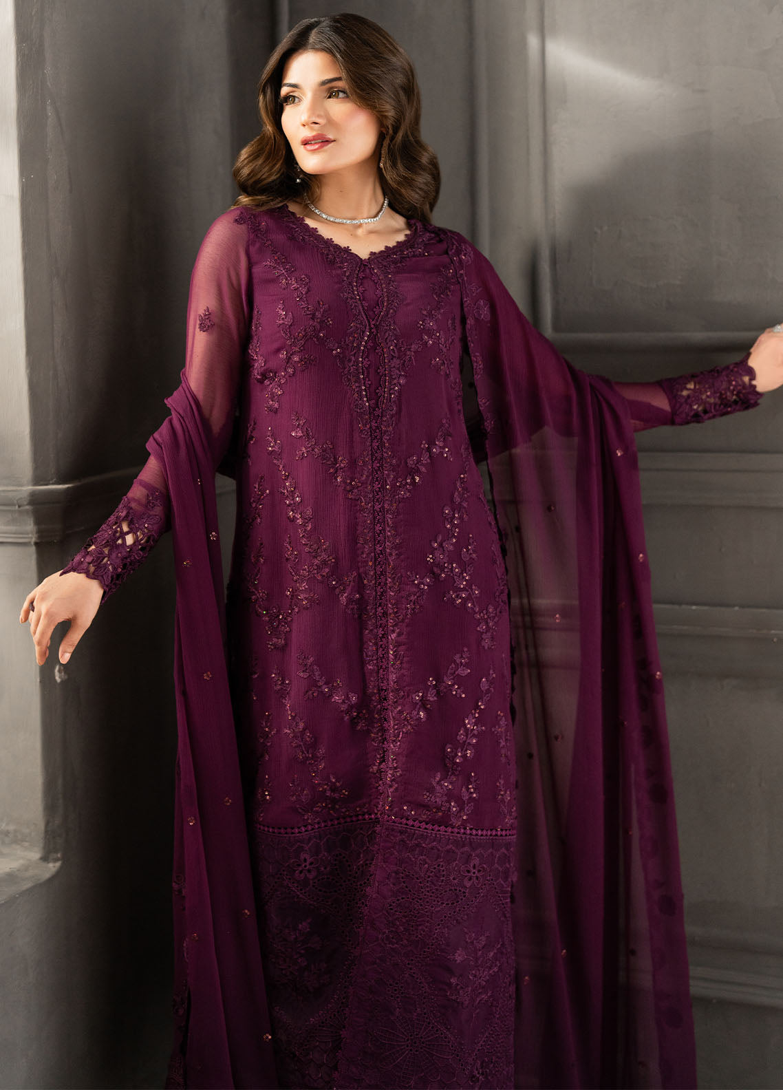 Ensembles by Azure Embroidered Chiffon Suits Unstitched 3 Piece AZU25EF Rose Noir ES-110