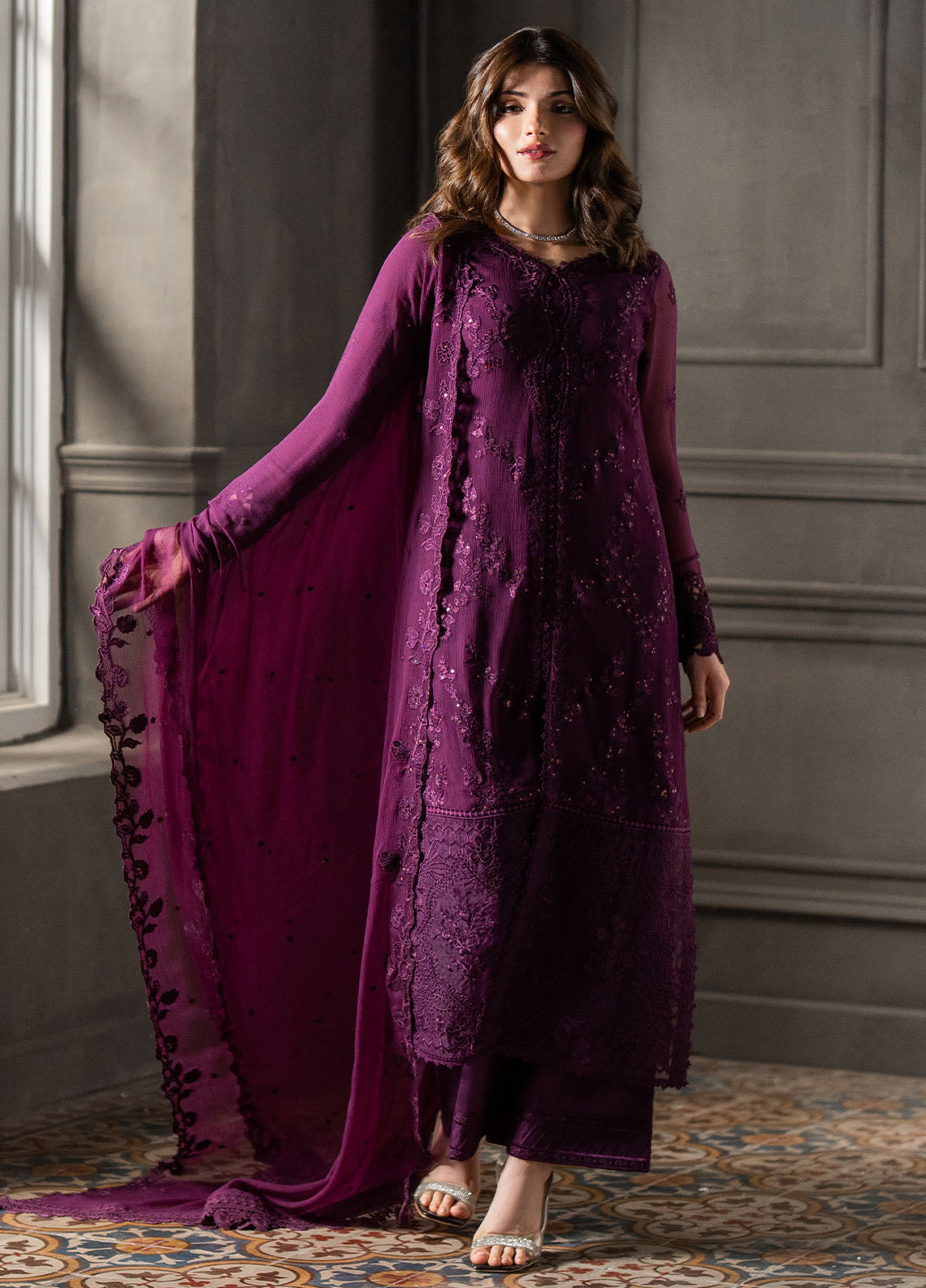 Ensembles by Azure Embroidered Chiffon Suits Unstitched 3 Piece AZU25EF Rose Noir ES-110