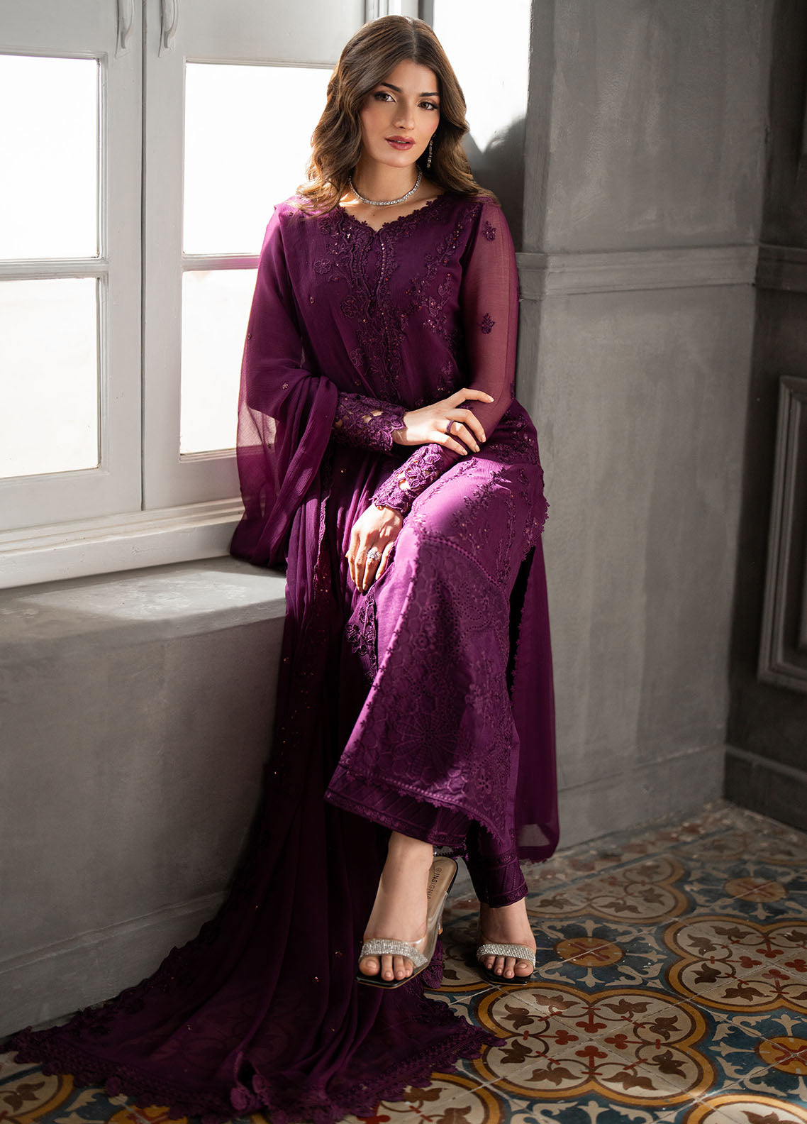 Ensembles by Azure Embroidered Chiffon Suits Unstitched 3 Piece AZU25EF Rose Noir ES-110