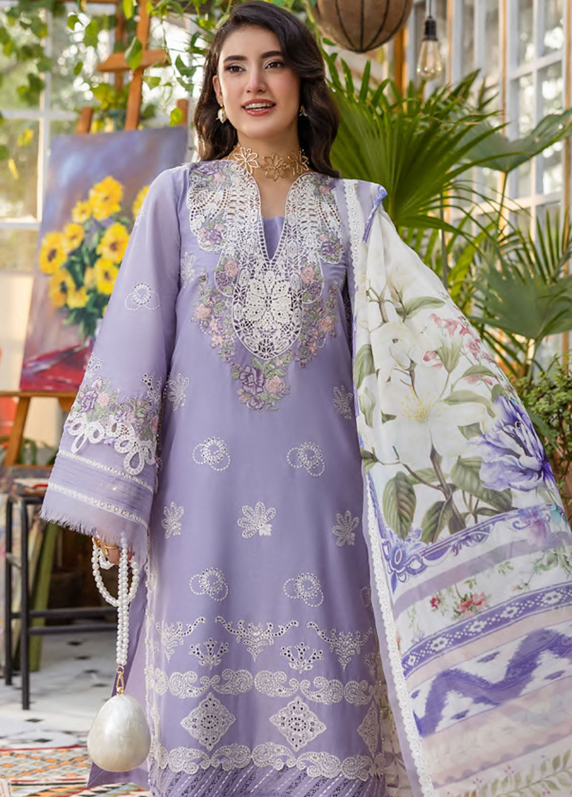 Elaf Chikankari Lawn Suits Unstitched 3 Piece EEC - 5A Lavender Love