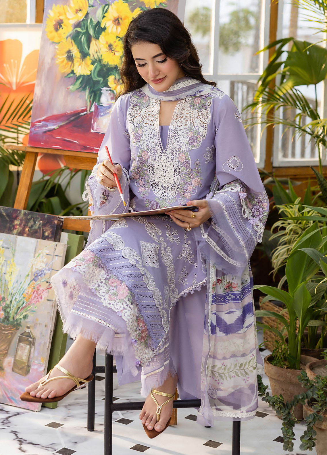 Elaf Chikankari Lawn Suits Unstitched 3 Piece EEC - 5A Lavender Love