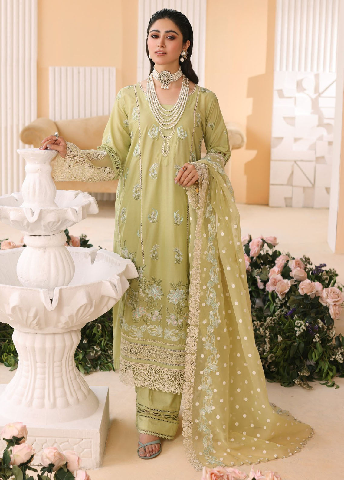 Elaf Pret Embroidered Lawn 3 Piece Suit EF23RW ELP-04A Limelush