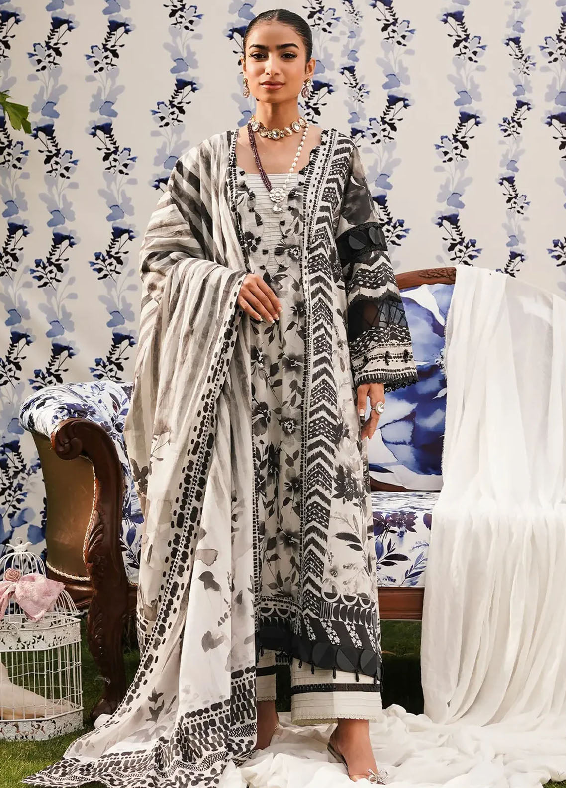 Prints By Elaf Printed Lawn Collection 2024 EEP-07B Black Blossom