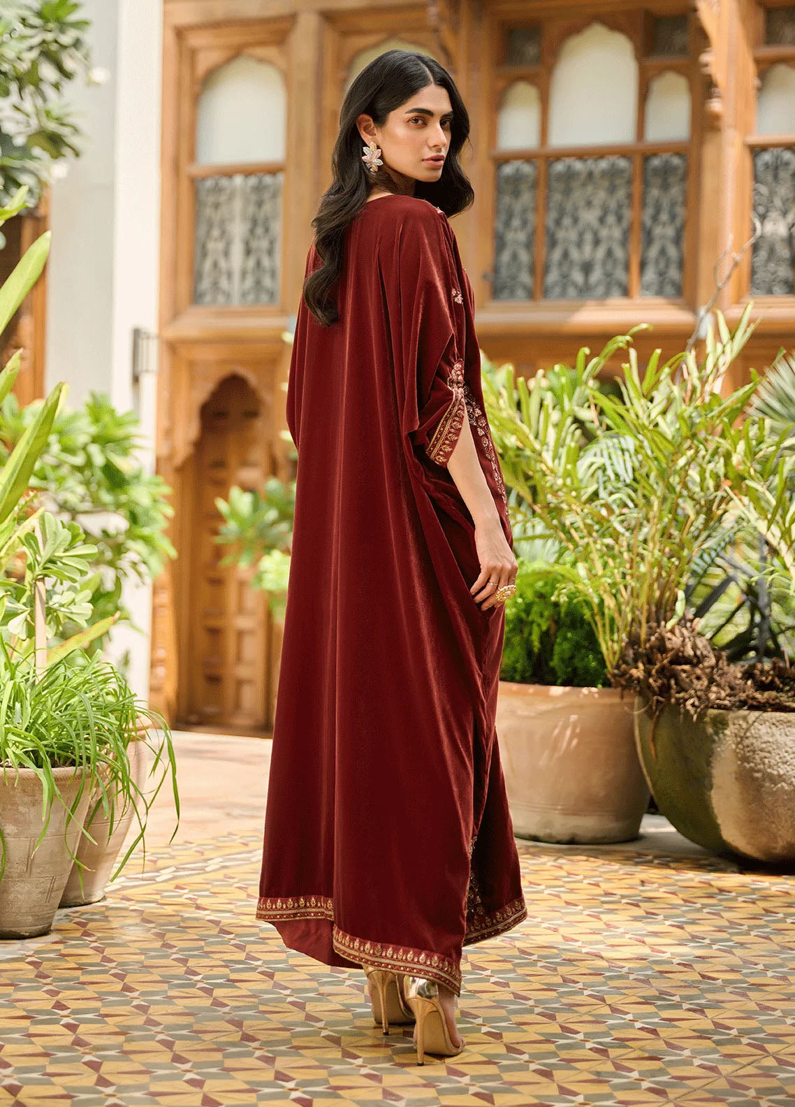 Dhanak Pret Embroidered Velvet Kaftan DA-1864 BROWN