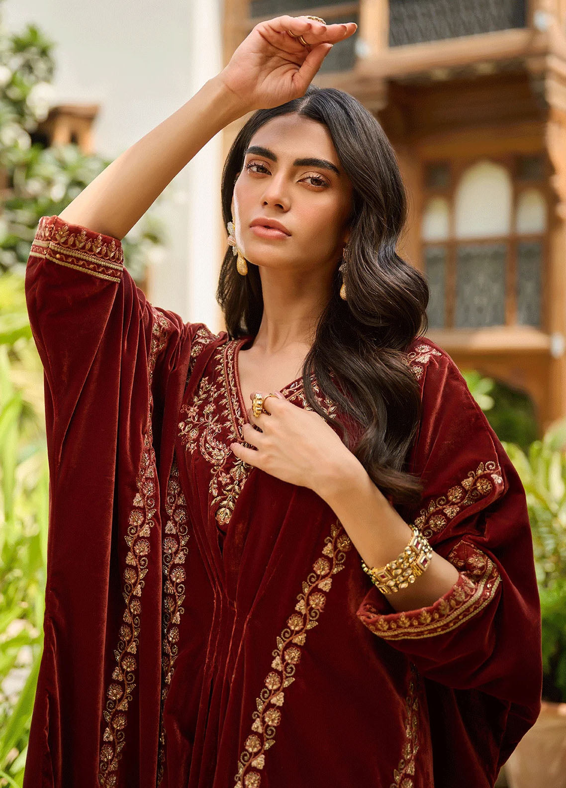 Dhanak Pret Embroidered Velvet Kaftan DA-1864 BROWN