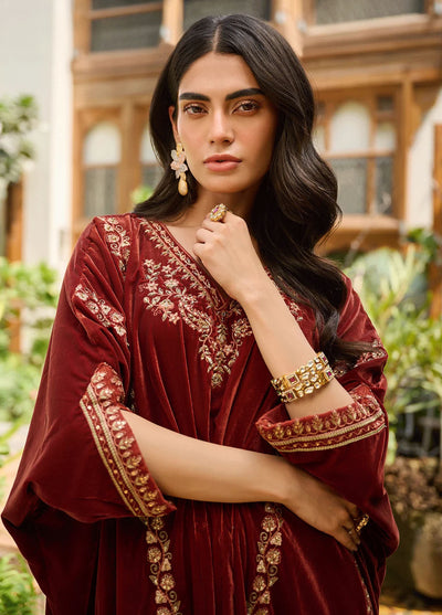 Dhanak Pret Embroidered Velvet Kaftan DA-1864 BROWN