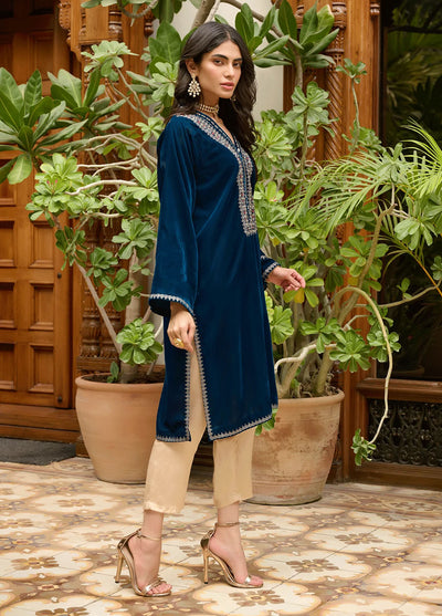 Dhanak Pret Embroidered Velvet Kurti DA-1871 TURQUOISE BLUE