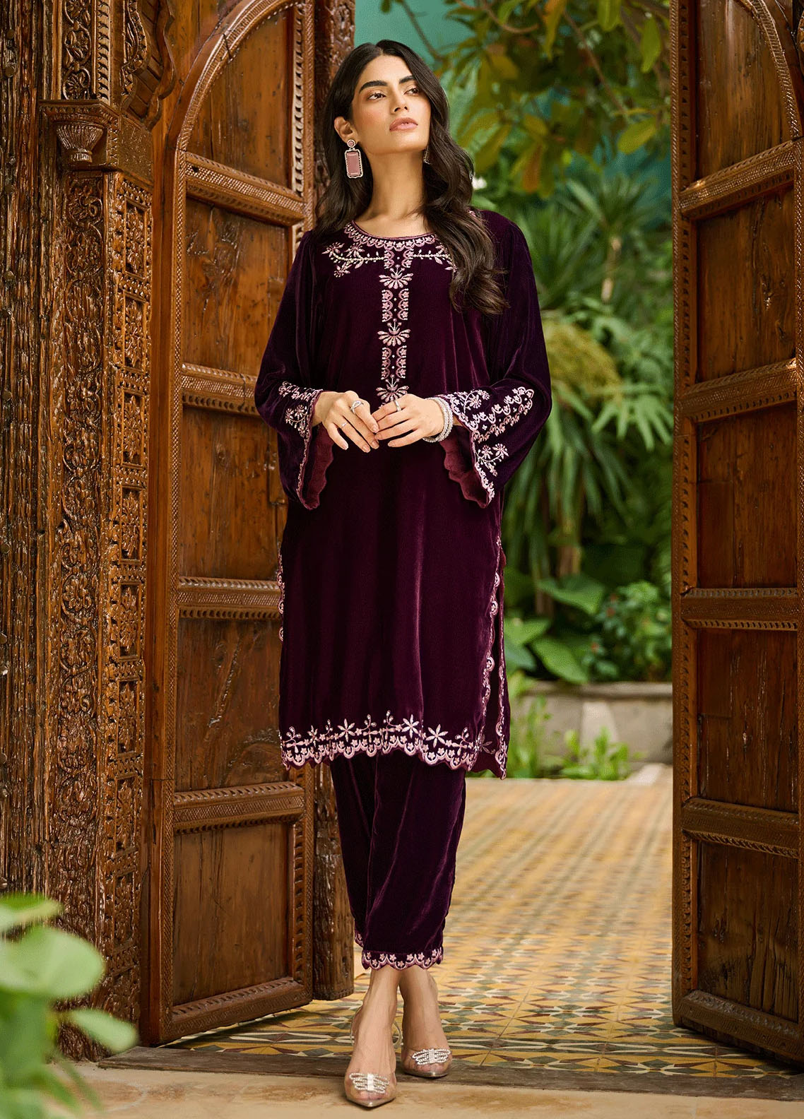 Dhanak Pret Embroidered Velvet Kurti DA-2230 PURPLE