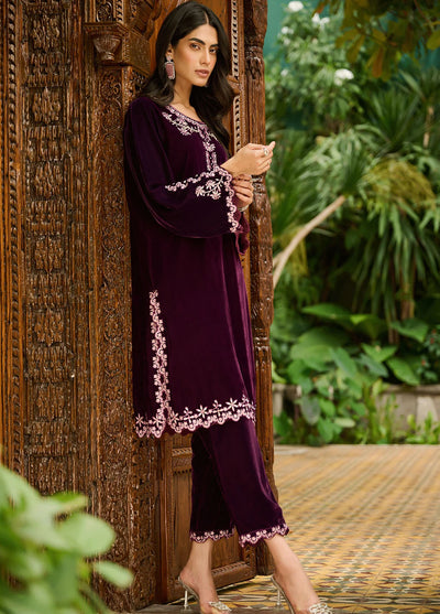 Dhanak Pret Embroidered Velvet Kurti DA-2230 PURPLE