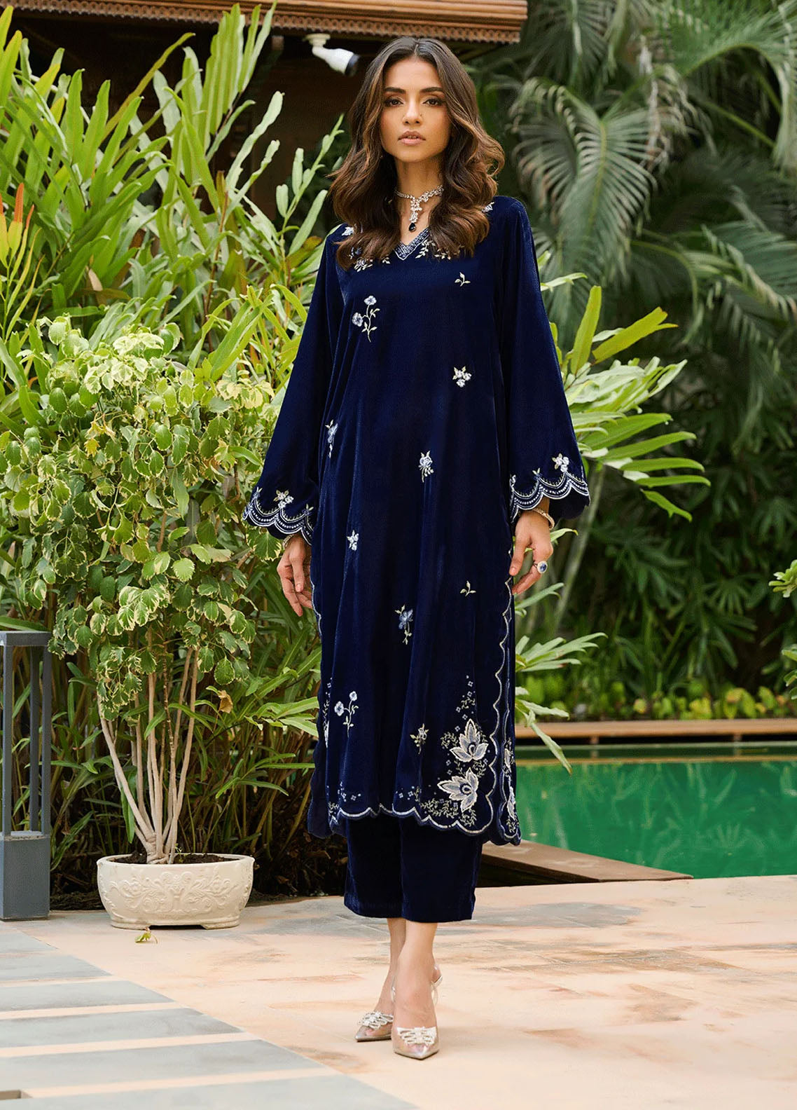 Dhanak Pret Embroidered Velvet Kurti DA-2232 BLUE