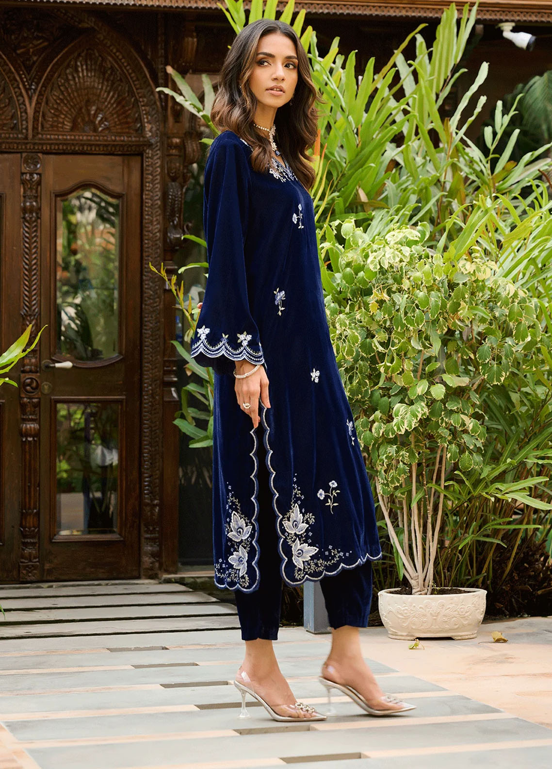 Dhanak Pret Embroidered Velvet Kurti DA-2232 BLUE