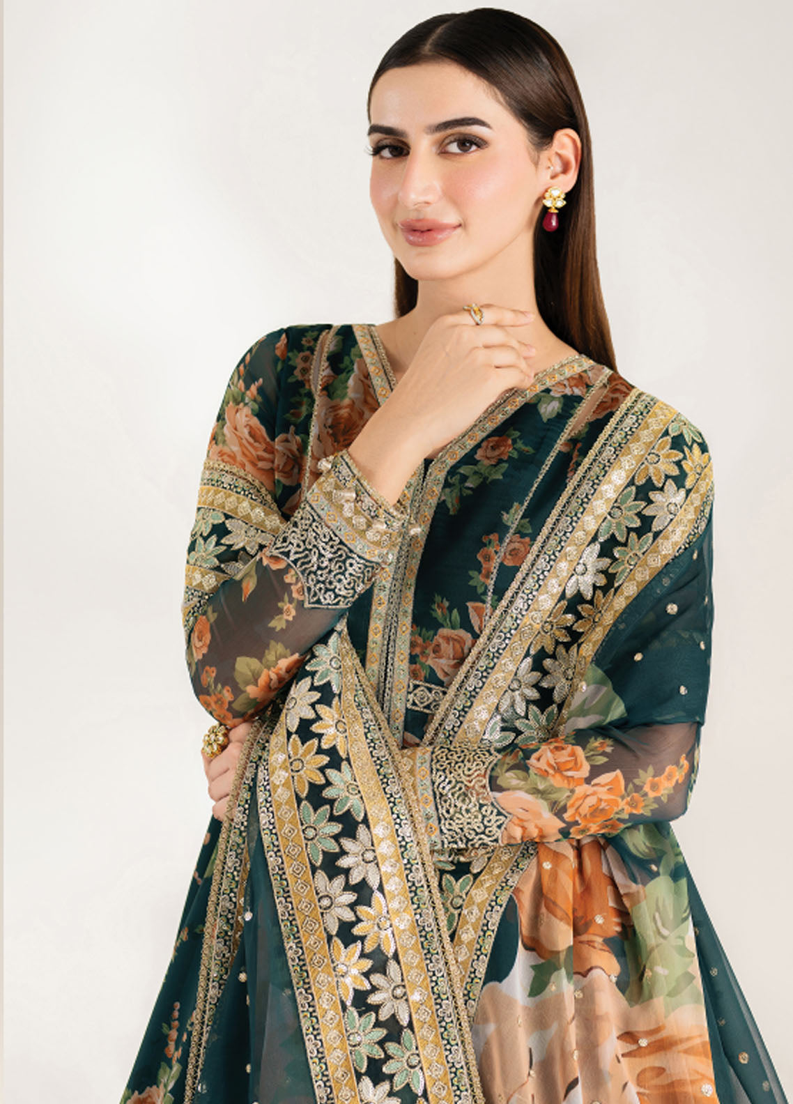 Fiorella by Farasha Embroidered Chiffon Suits Unstitched 3 Piece FSH25FF D-09 Teal Passion