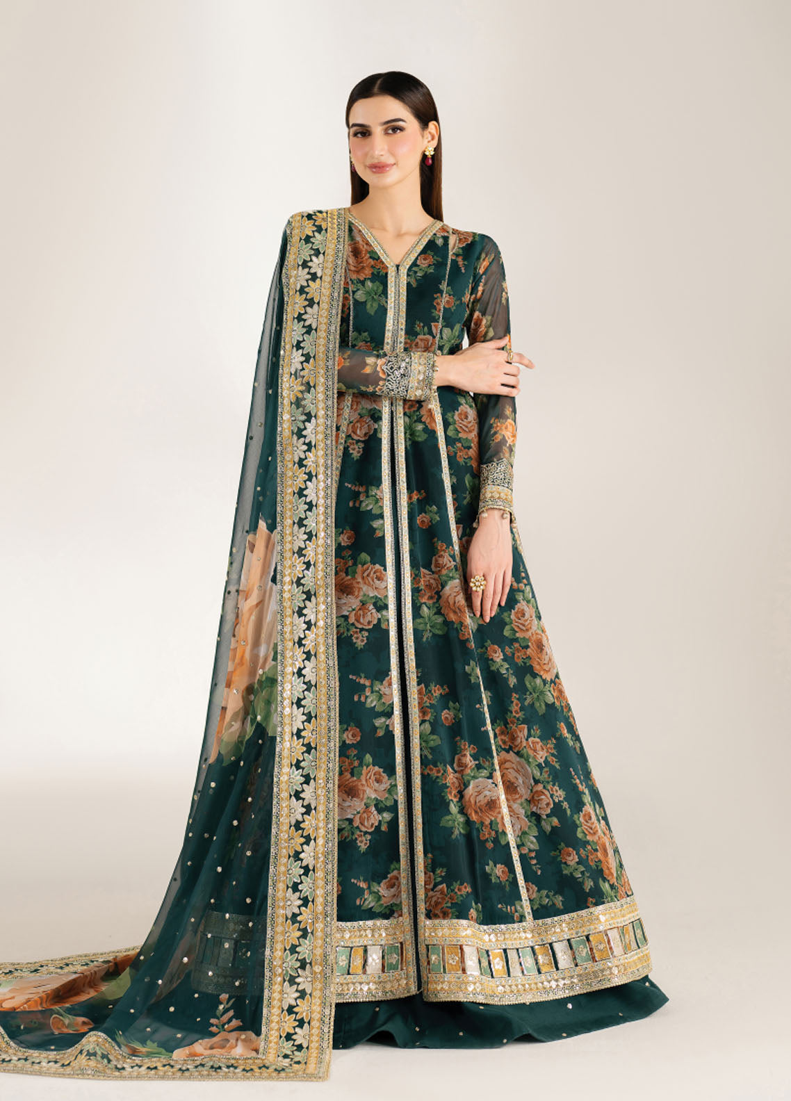 Fiorella by Farasha Embroidered Chiffon Suits Unstitched 3 Piece FSH25FF D-09 Teal Passion