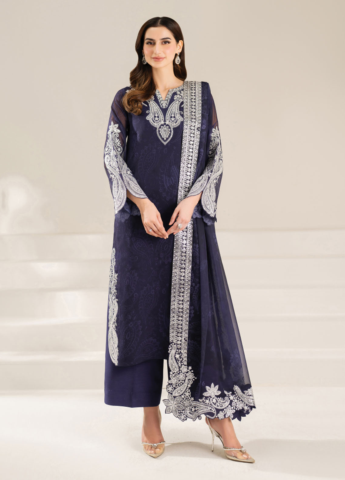 Fiorella by Farasha Embroidered Chiffon Suits Unstitched 3 Piece FSH25FF D-02 Blue Dazzle
