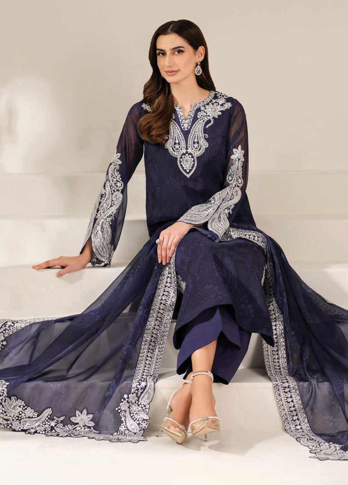 Fiorella by Farasha Embroidered Chiffon Suits Unstitched 3 Piece FSH25FF D-02 Blue Dazzle