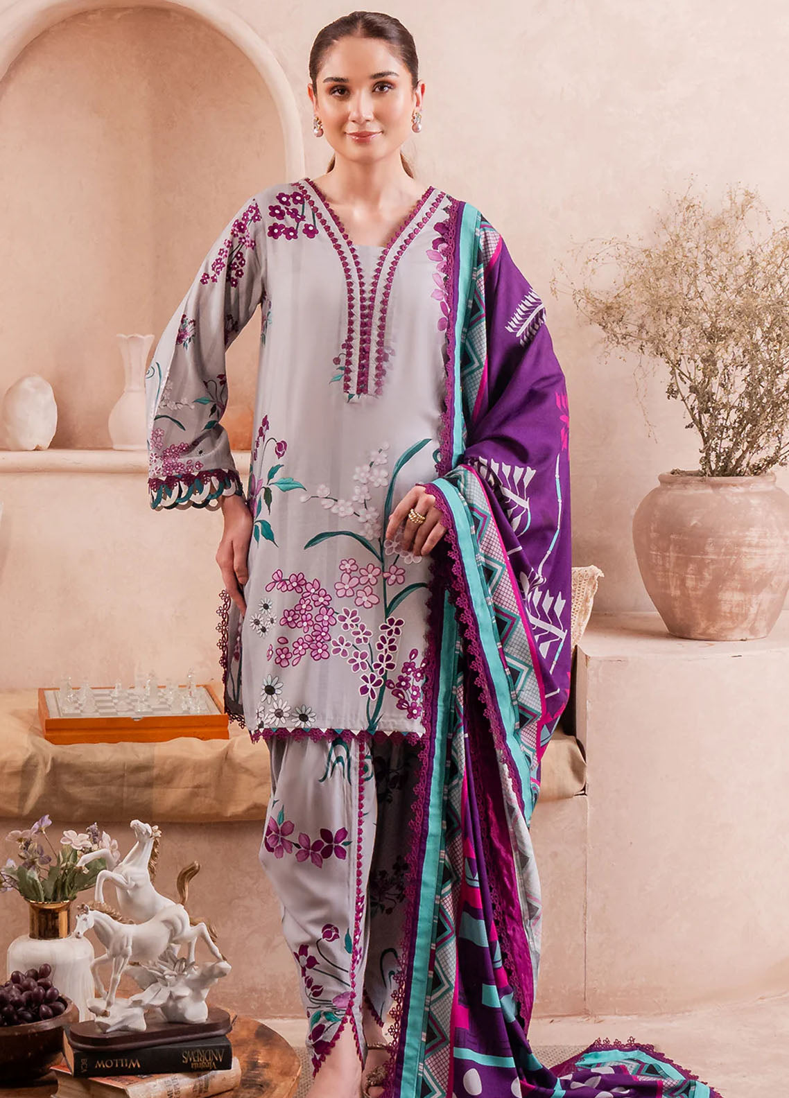 Fiore By Meerak Printed Linen Suit Unstitched 3 Piece MRK24FL Dove - Fall Collection