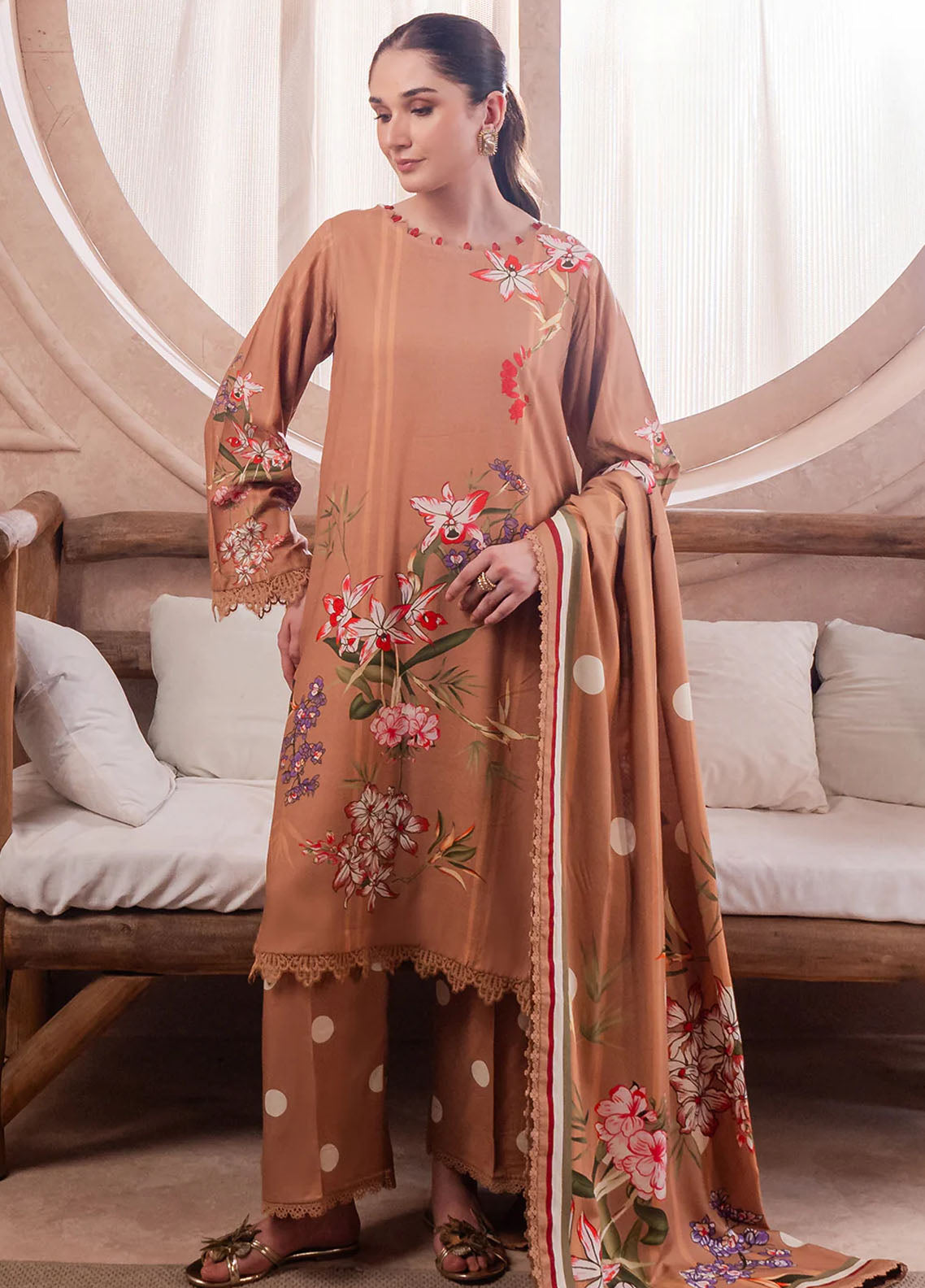 Fiore By Meerak Printed Linen Suit Unstitched 3 Piece MRK24FL Dune - Fall Collection