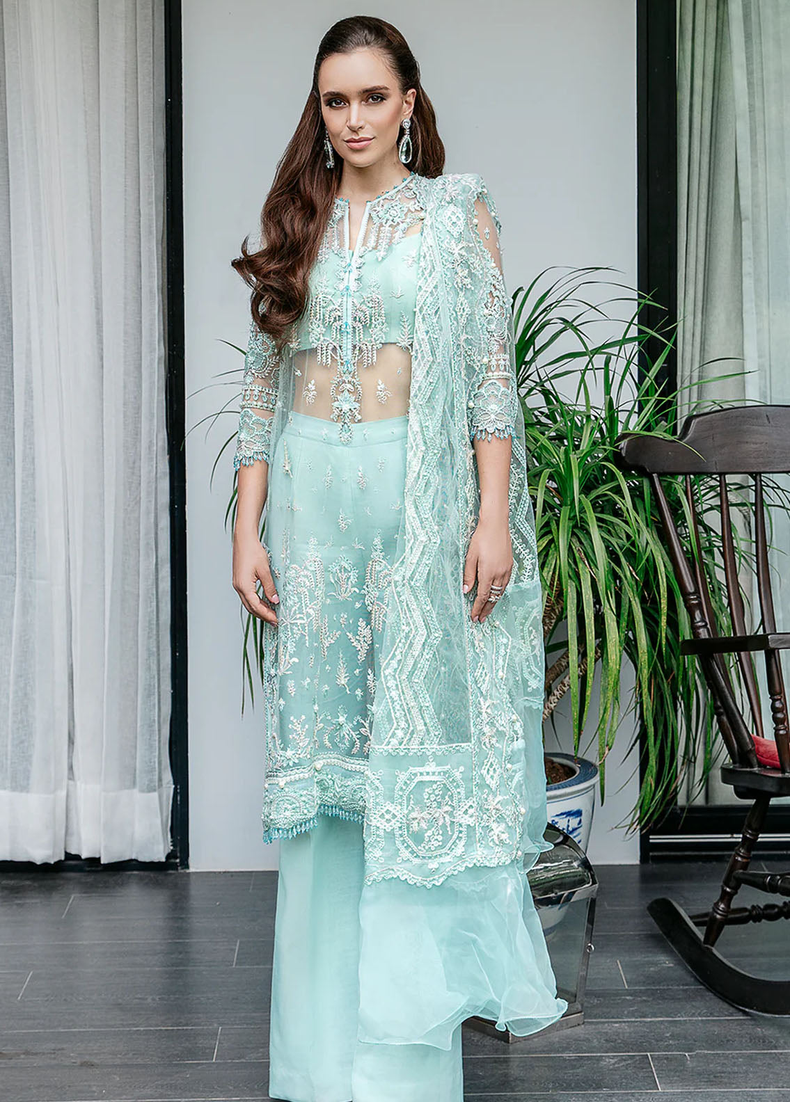 Saad Shaikh Pret Embroidered Net 3 Piece Suit Ice Blue Marine