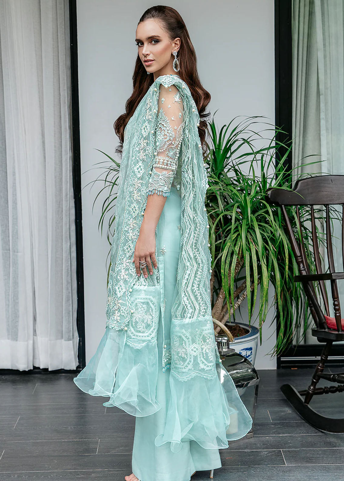 Saad Shaikh Pret Embroidered Net 3 Piece Suit Ice Blue Marine