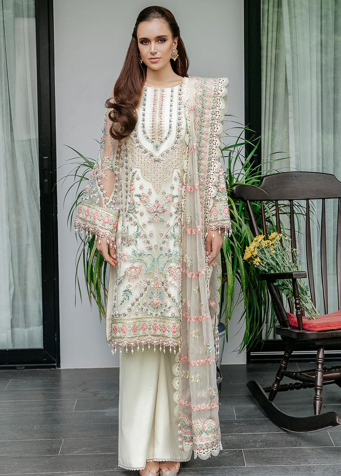 Saad Shaikh Pret Embroidered Organza 3 Piece Suit Off White Molarka