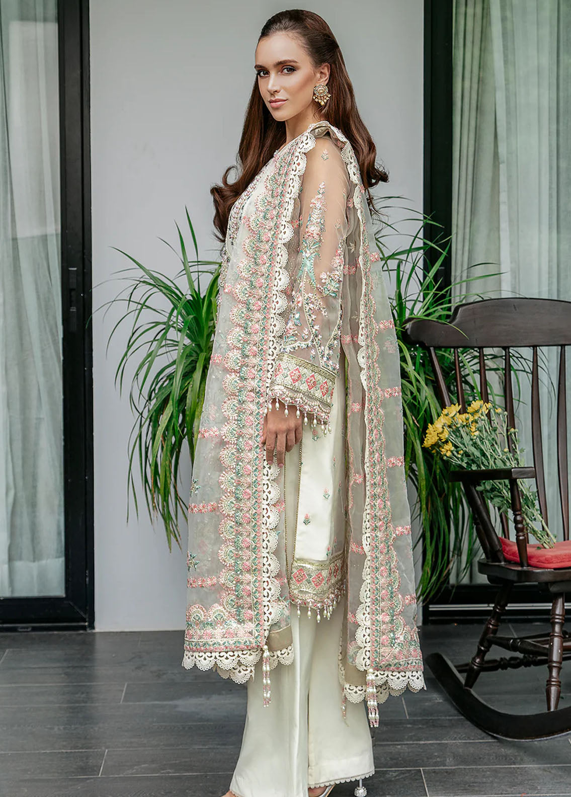 Saad Shaikh Pret Embroidered Organza 3 Piece Suit Off White Molarka