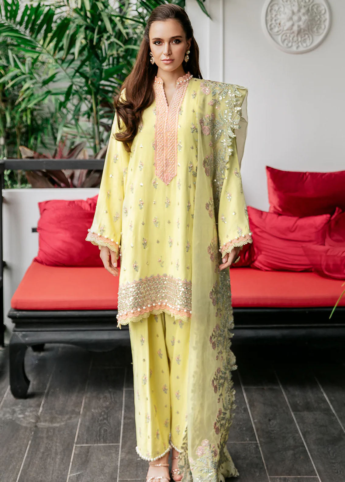 Saad Shaikh Pret Embroidered Raw Silk 3 Piece Suit Yellow Luna