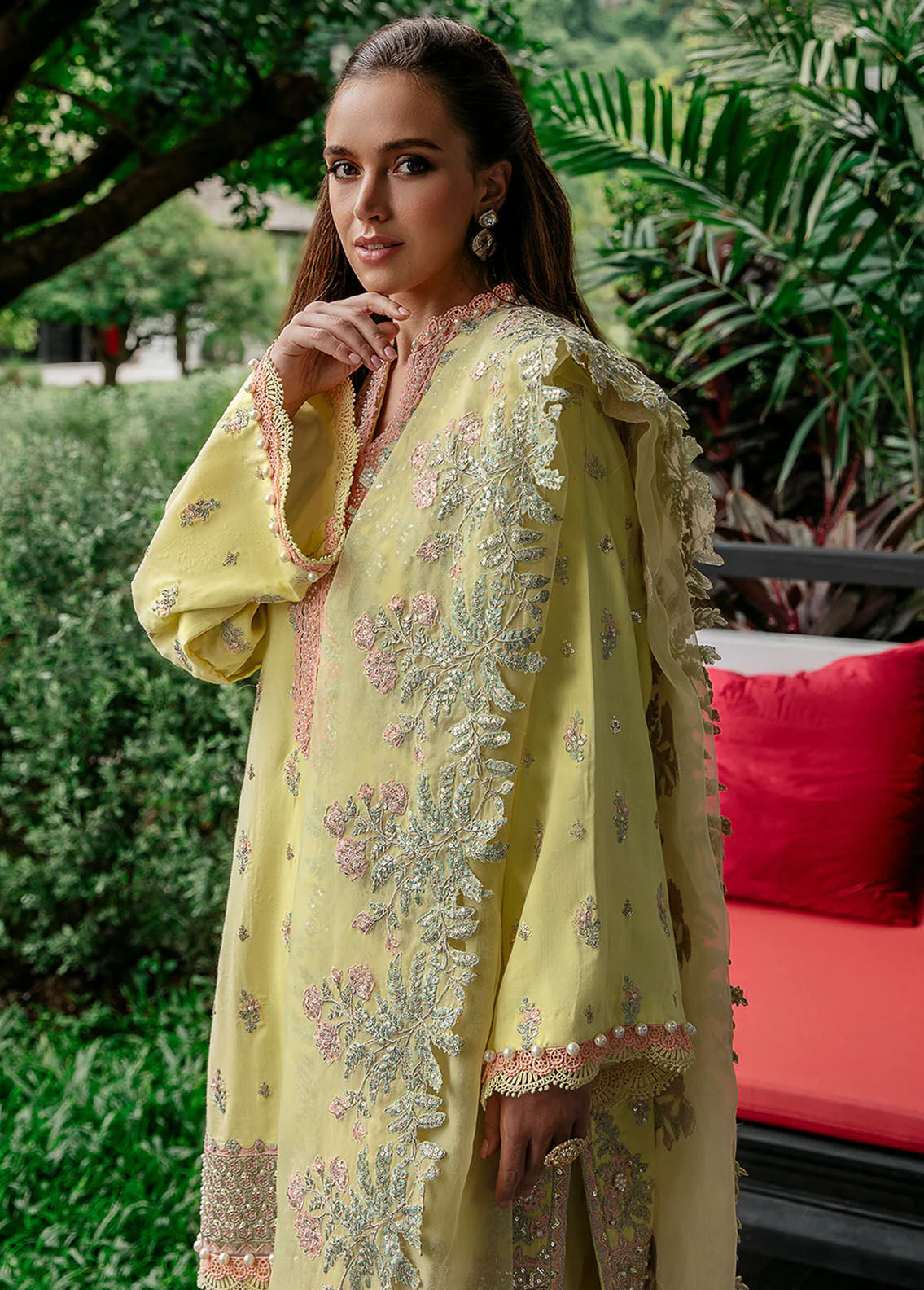 Saad Shaikh Pret Embroidered Raw Silk 3 Piece Suit Yellow Luna