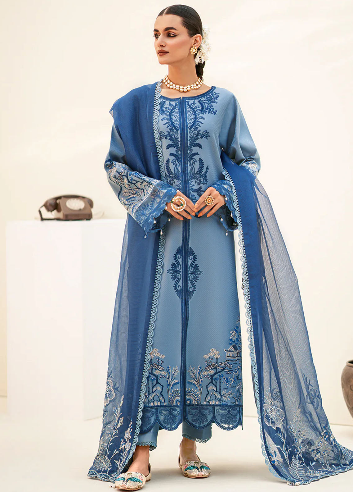 Fozia Khalid Pret Embroidered Cotton 3 Piece Suit Aquamarine