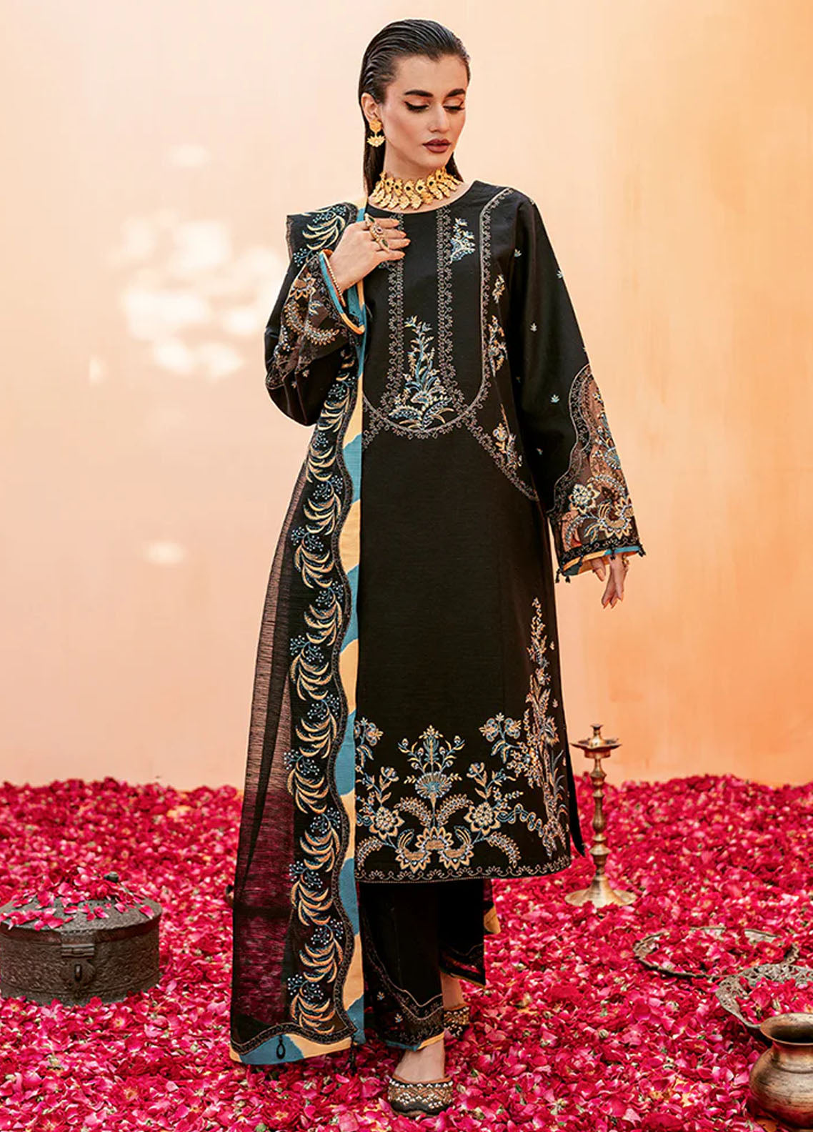 Fozia Khalid Pret Embroidered Cotton 3 Piece Suit Jade Black