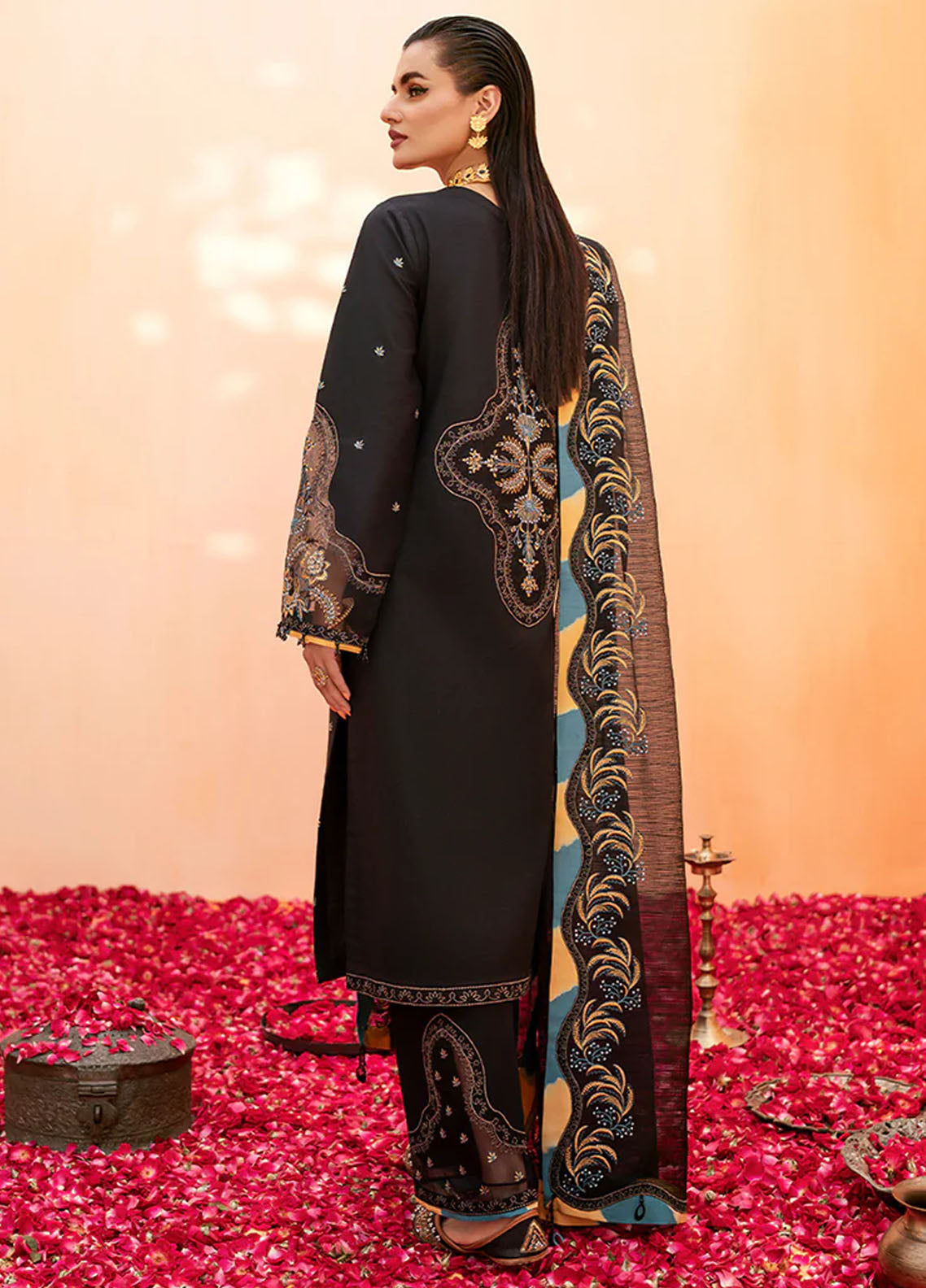 Fozia Khalid Pret Embroidered Cotton 3 Piece Suit Jade Black