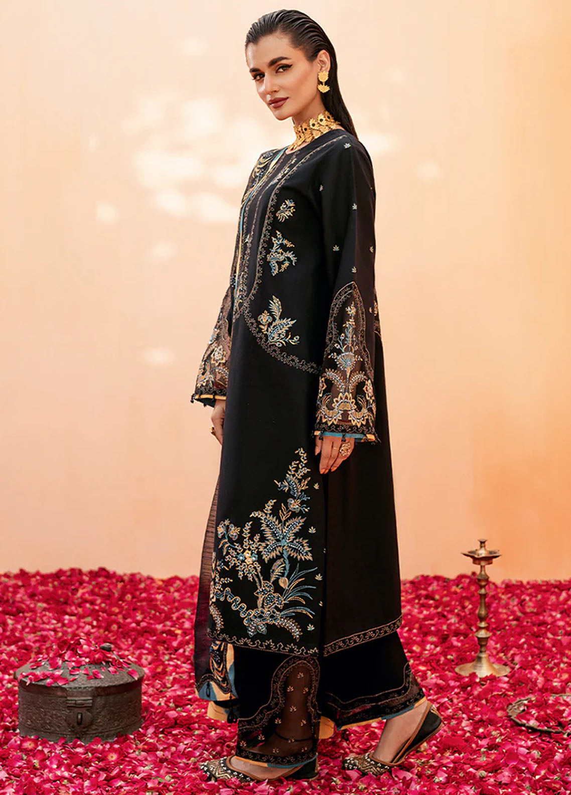 Fozia Khalid Pret Embroidered Cotton 3 Piece Suit Jade Black