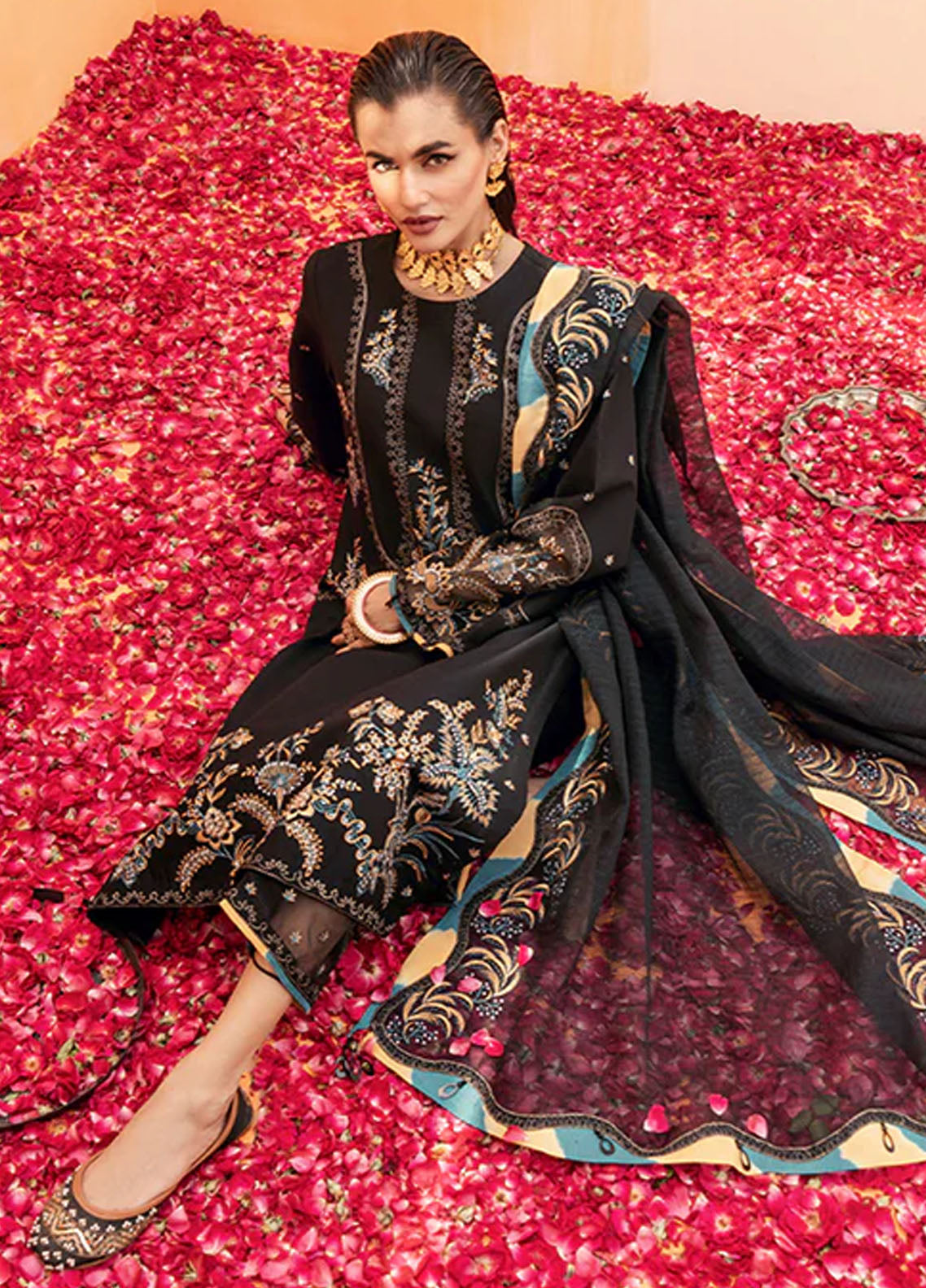 Fozia Khalid Pret Embroidered Cotton 3 Piece Suit Jade Black