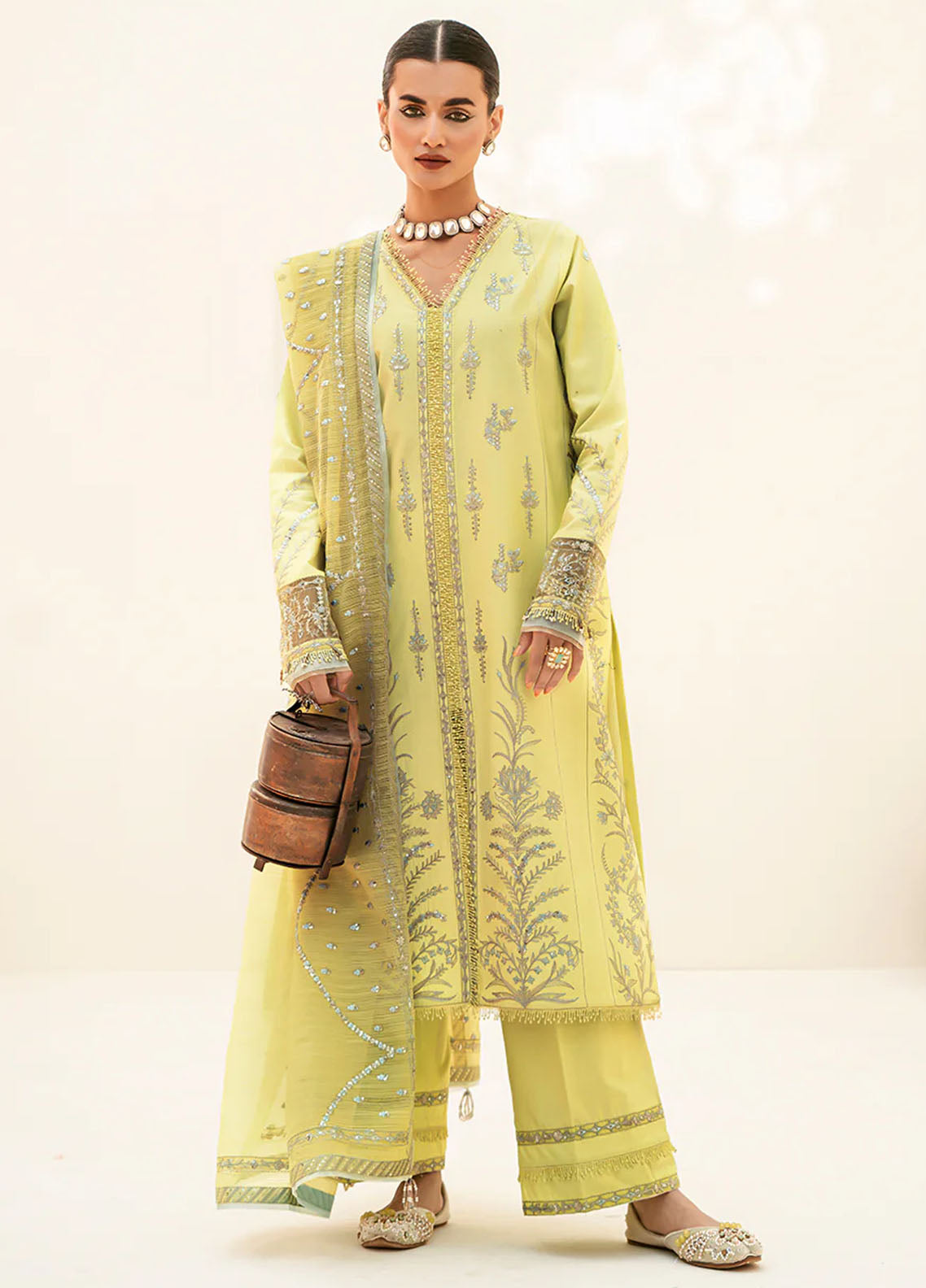 Fozia Khalid Pret Embroidered Cotton 3 Piece Suit Luminary Green