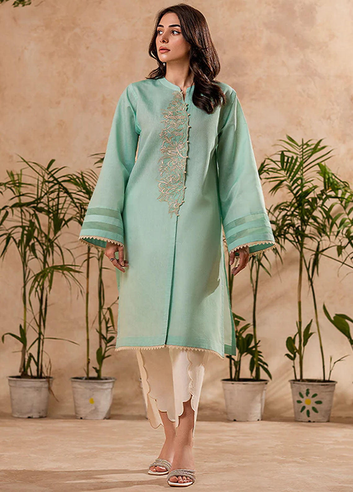 Fozia Khalid Pret Embroidered Cotton Kurti Aqua Mint Tunic