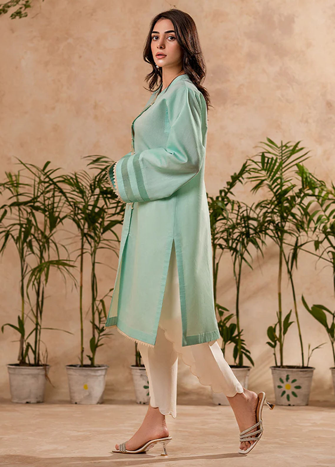 Fozia Khalid Pret Embroidered Cotton Kurti Aqua Mint Tunic