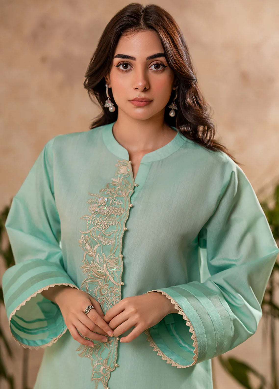 Fozia Khalid Pret Embroidered Cotton Kurti Aqua Mint Tunic