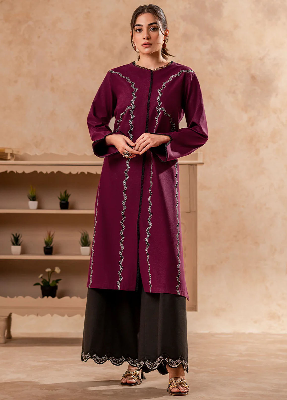 Fozia Khalid Pret Embroidered Cotton Kurti Beet Red Tunic