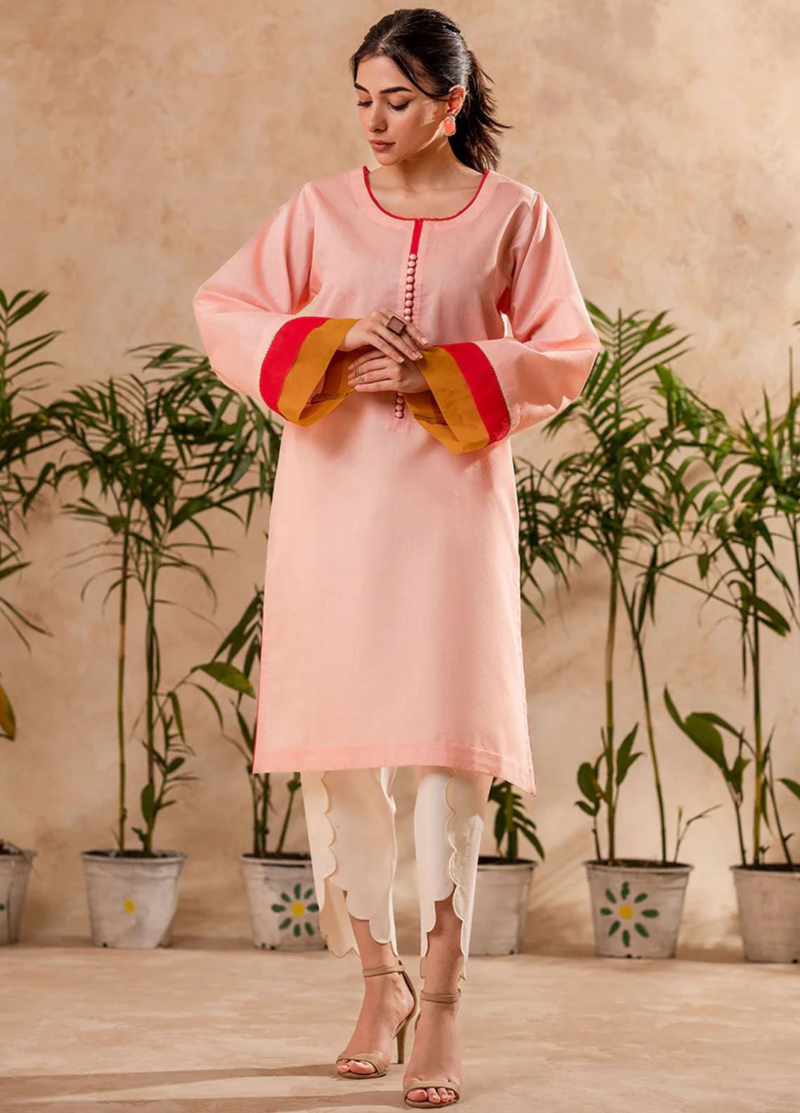 Fozia Khalid Pret Embroidered Cotton Kurti Blush Pink Tunic